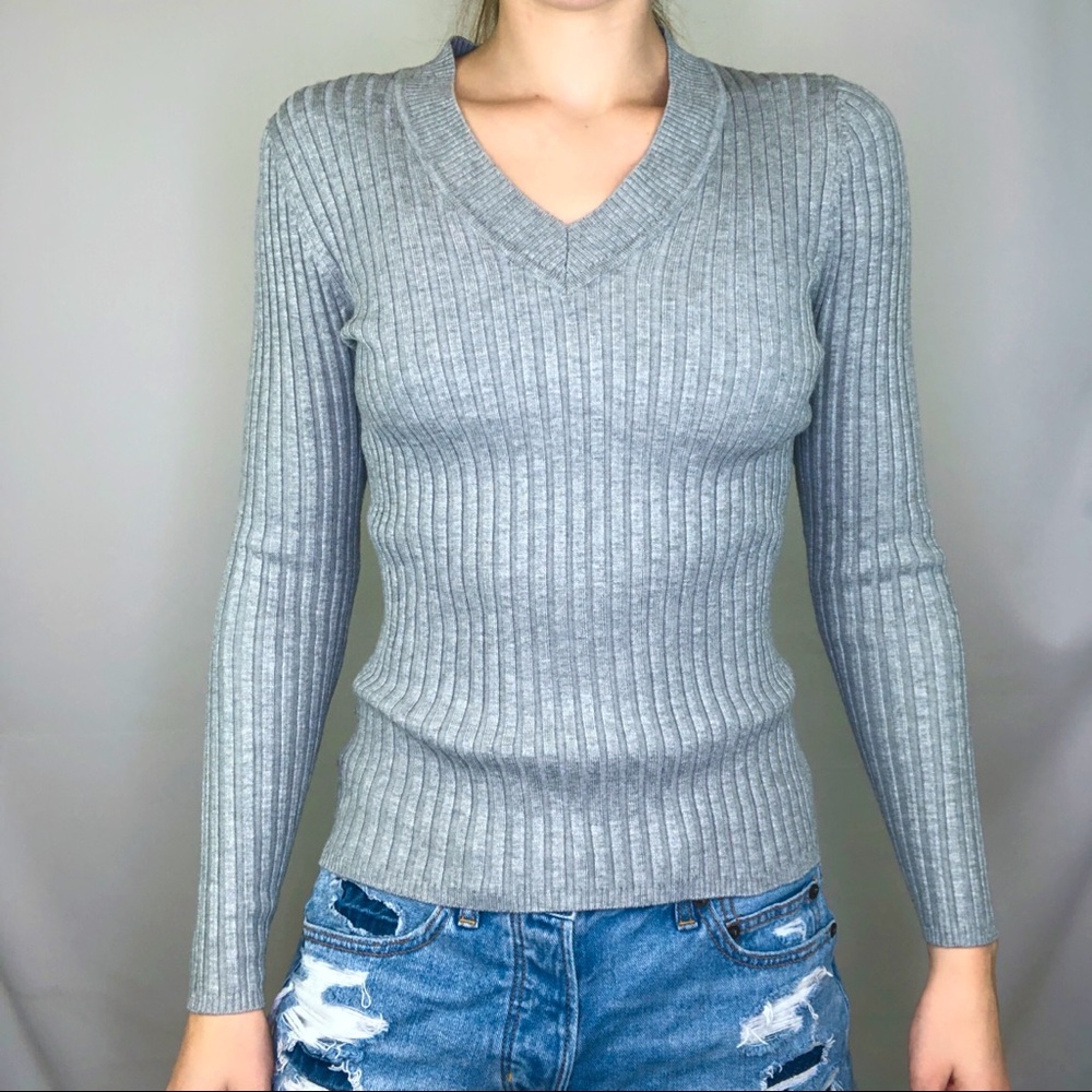 37 George Ribbed Long Sleeve V-Neck Bodycon Stretch Casual Top Classic Evening